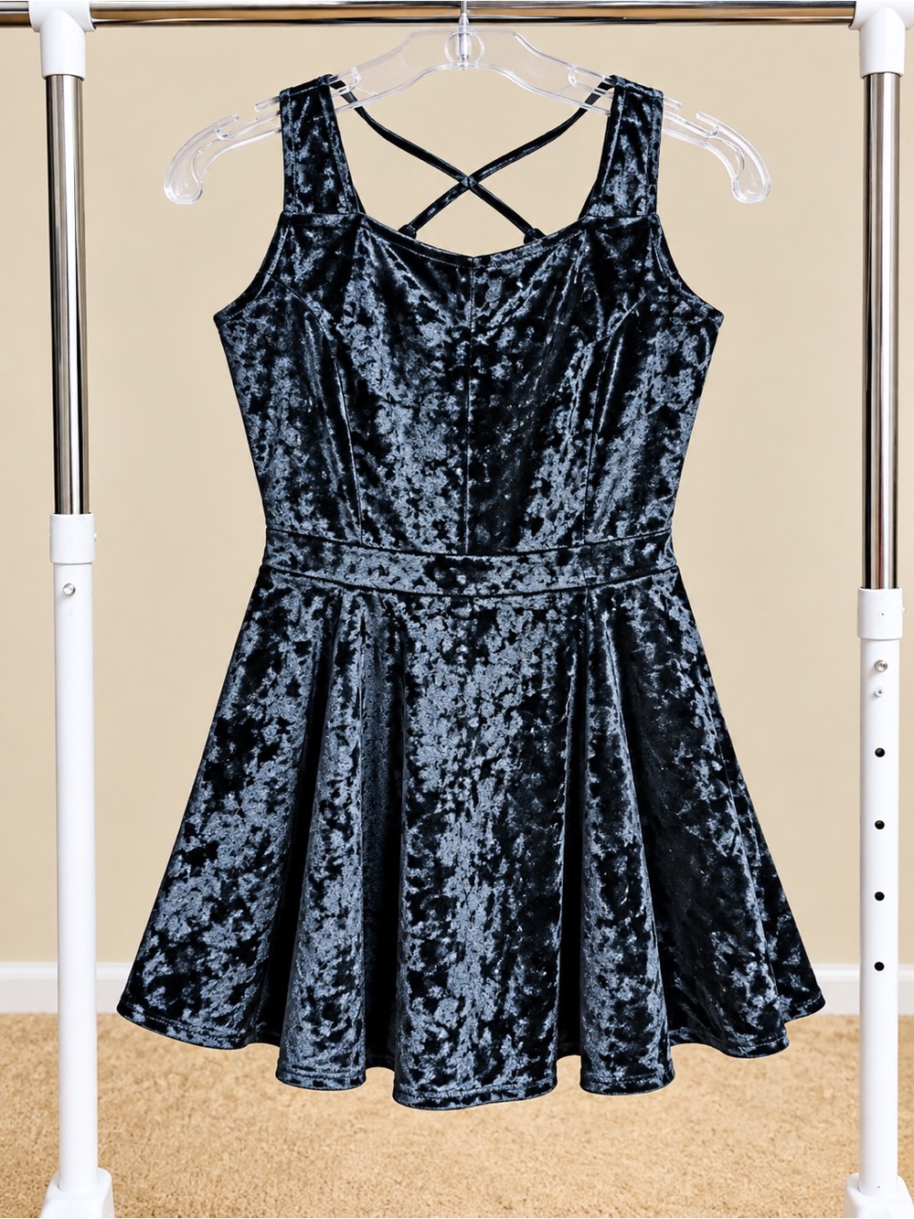 Crushed Velvet Black Asymmetrical Strappy Fit-and-Flare Dress